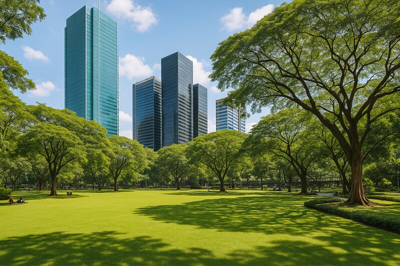 Open green lawn area perfect for relaxation in the park