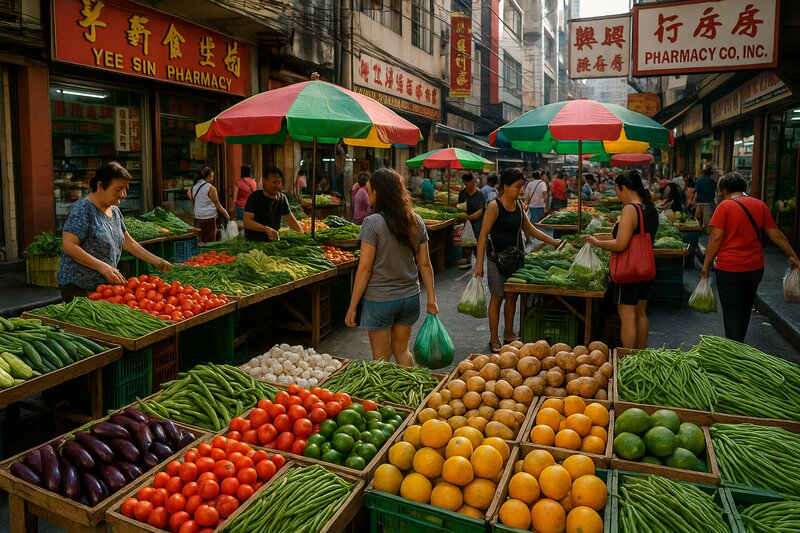 Colorful street market in Binondo showing fresh produce and Chinese shop signs
