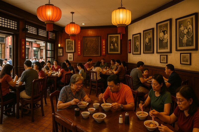 Historic Chinese-Filipino restaurant interior in Binondo with traditional wooden furniture and heritage decorations