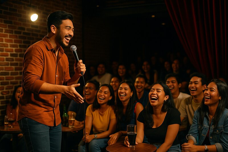 Comedian on stage performing stand-up at a comedy club in Metro Manila with enthusiastic audience laughing