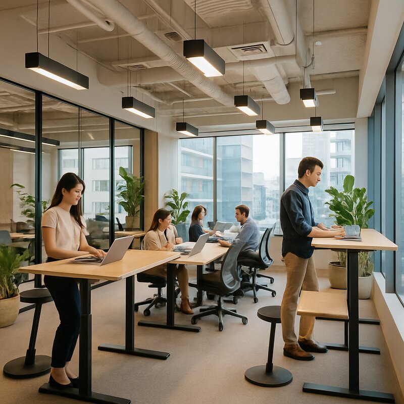 Modern open-plan coworking space with high ceilings and abundant natural lighting