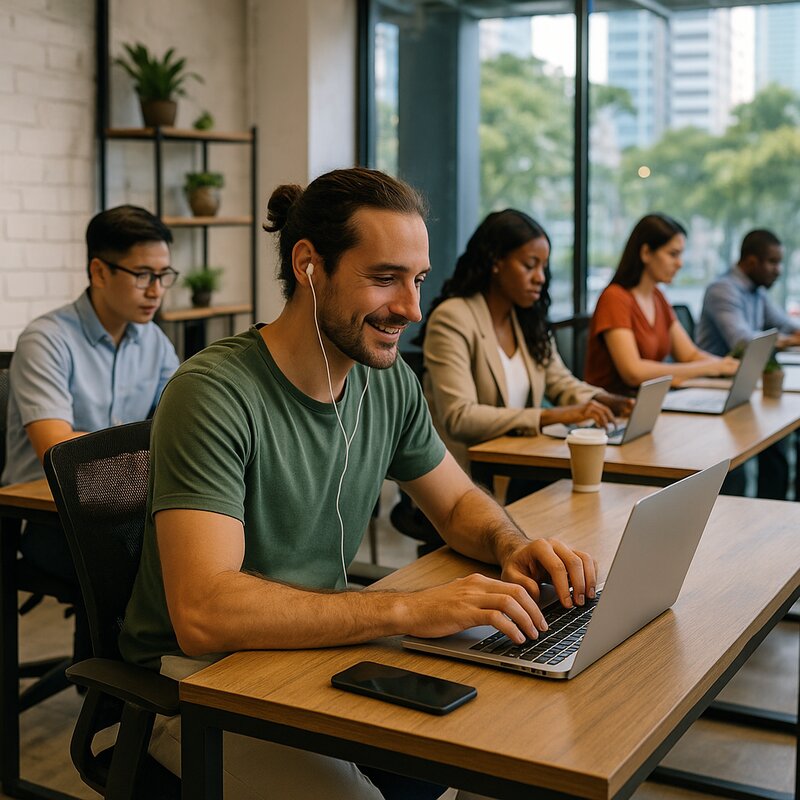 Diverse group of expats meeting in modern Manila cafe with city skyline visible