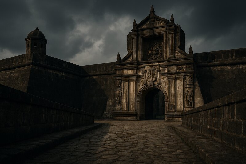 Fort Santiago bastions and entrance gate with angular stone fortifications and dramatic perspective