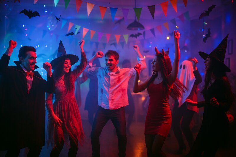 Festive dance floor with costumed revelers