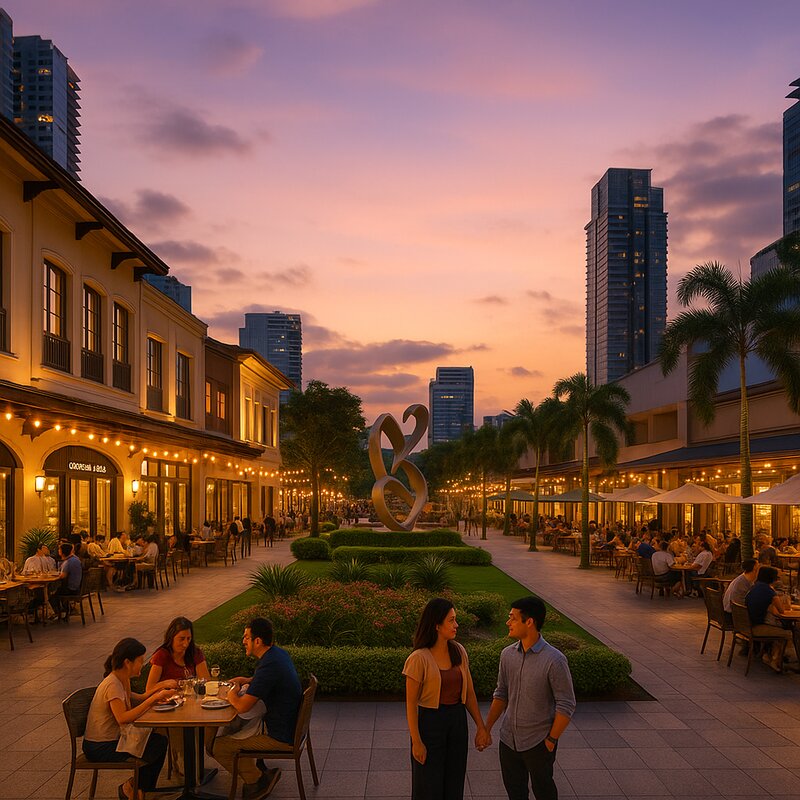 Bonifacio High Street at dusk with outdoor dining and lights