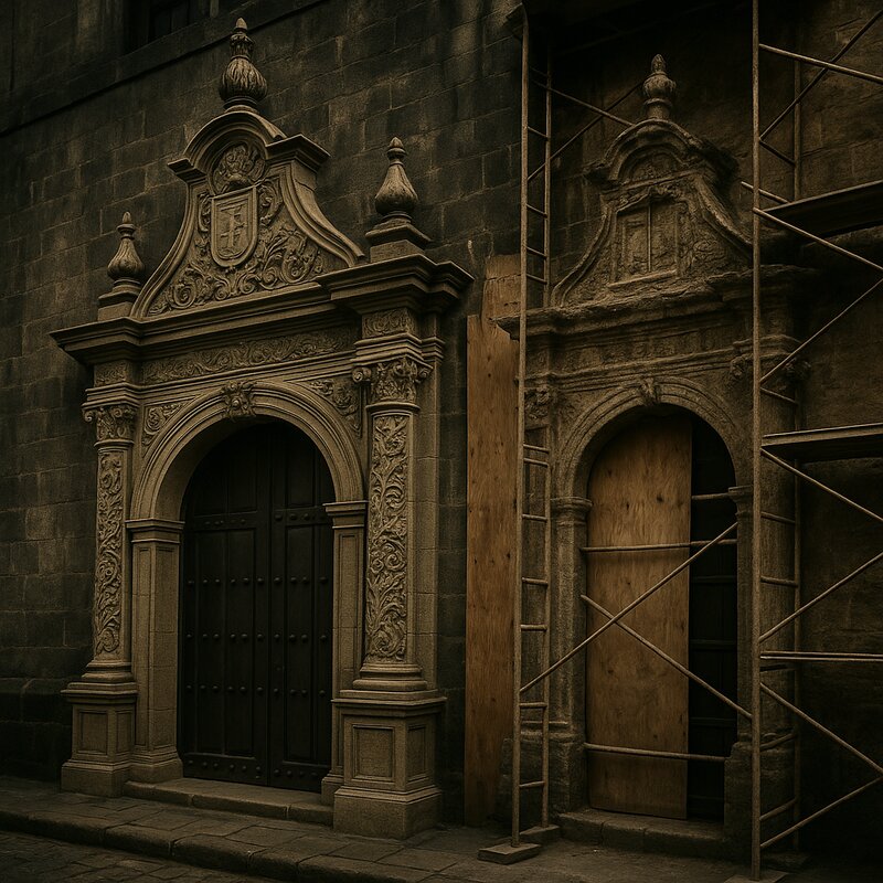 Restored architectural details showing ornate carved stone doorways and decorative elements of colonial buildings