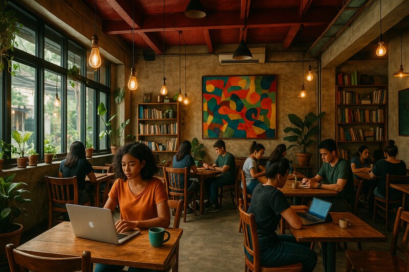 Cozy cafe interior with local artwork and diners