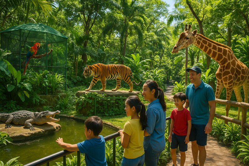 Family visitors at Malabon Zoo enjoying tropical animals and gardens in recreational setting