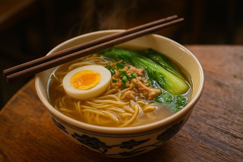 Steaming bowl of mami noodle soup with egg, vegetables, and savory broth in traditional ceramic bowl