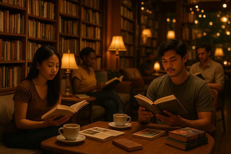 Cozy book cafe interior with shelves of books, comfortable seating, warm lighting, and steaming coffee cups