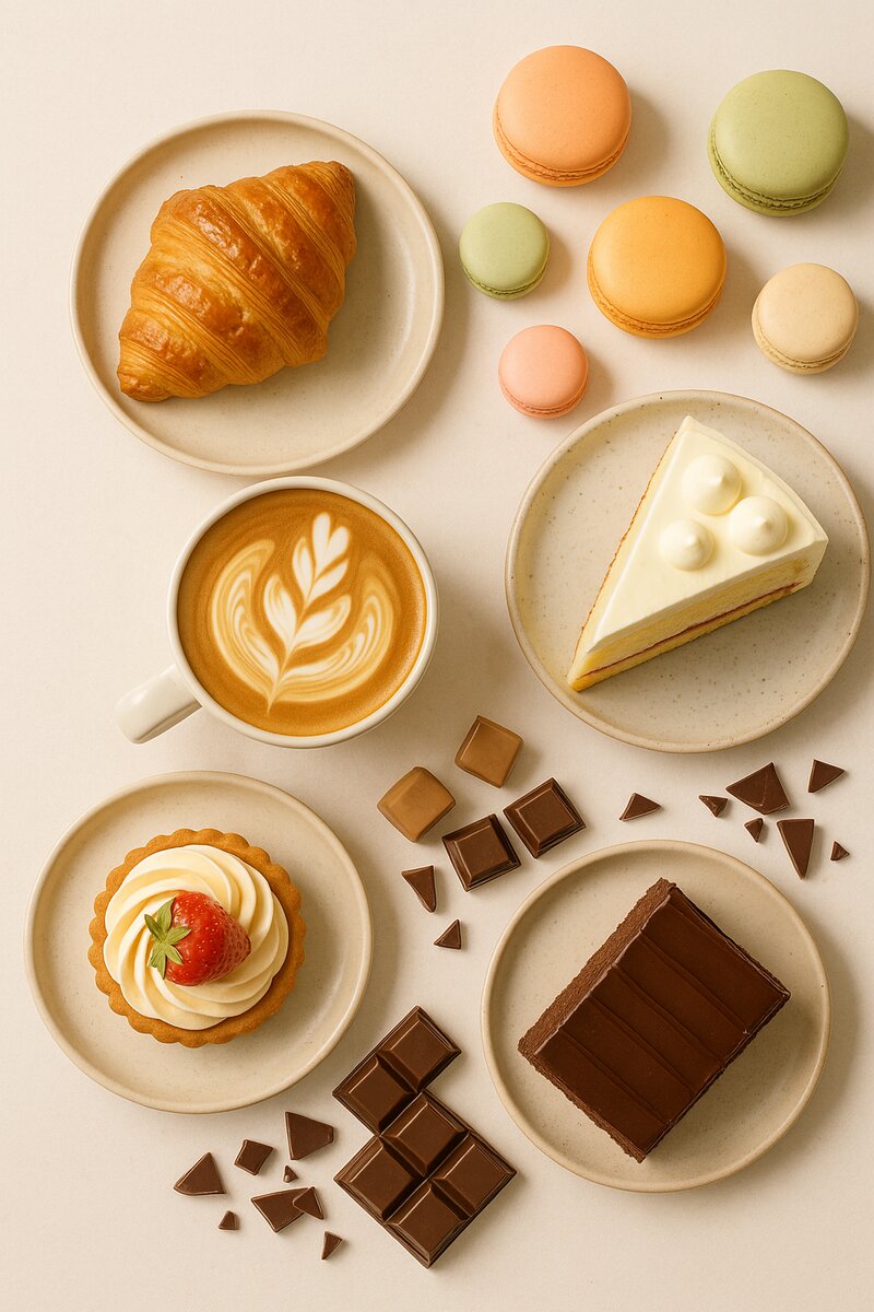Flat lay of dessert cafe items arranged on light background