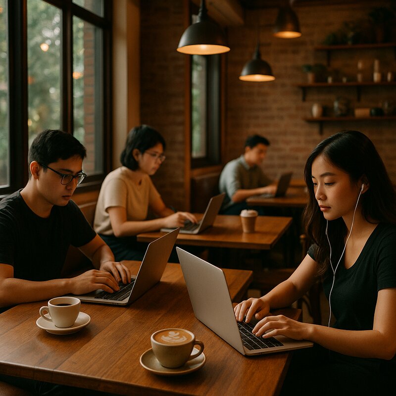 Manila cafe with people working, showing productive coffee culture