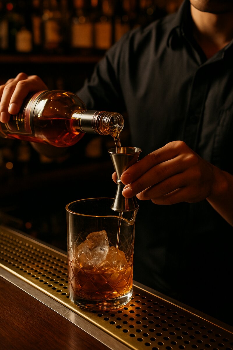 Step 1: Bartender begins pouring spirits for a Manila craft cocktail