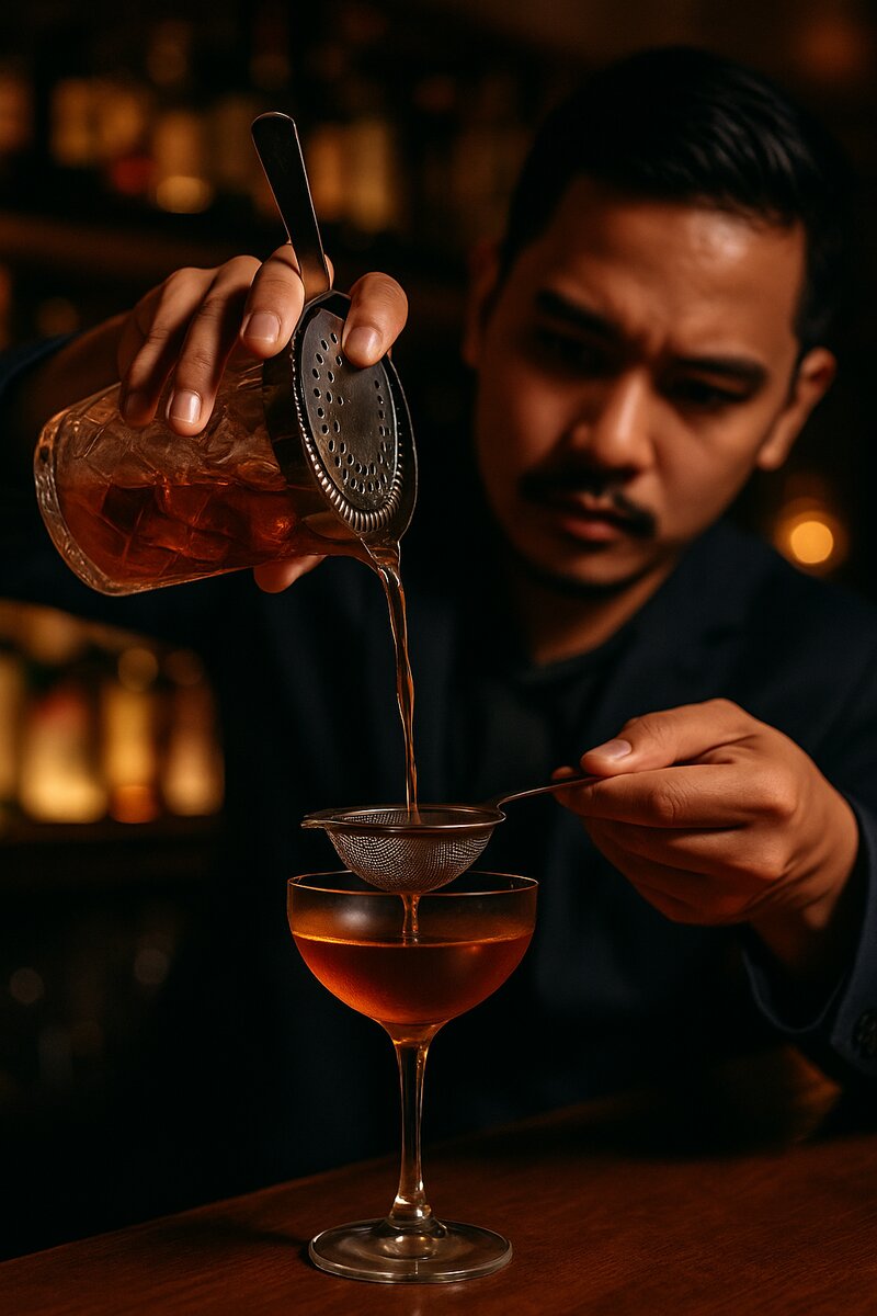 Step 3: Carefully straining the cocktail into a chilled glass
