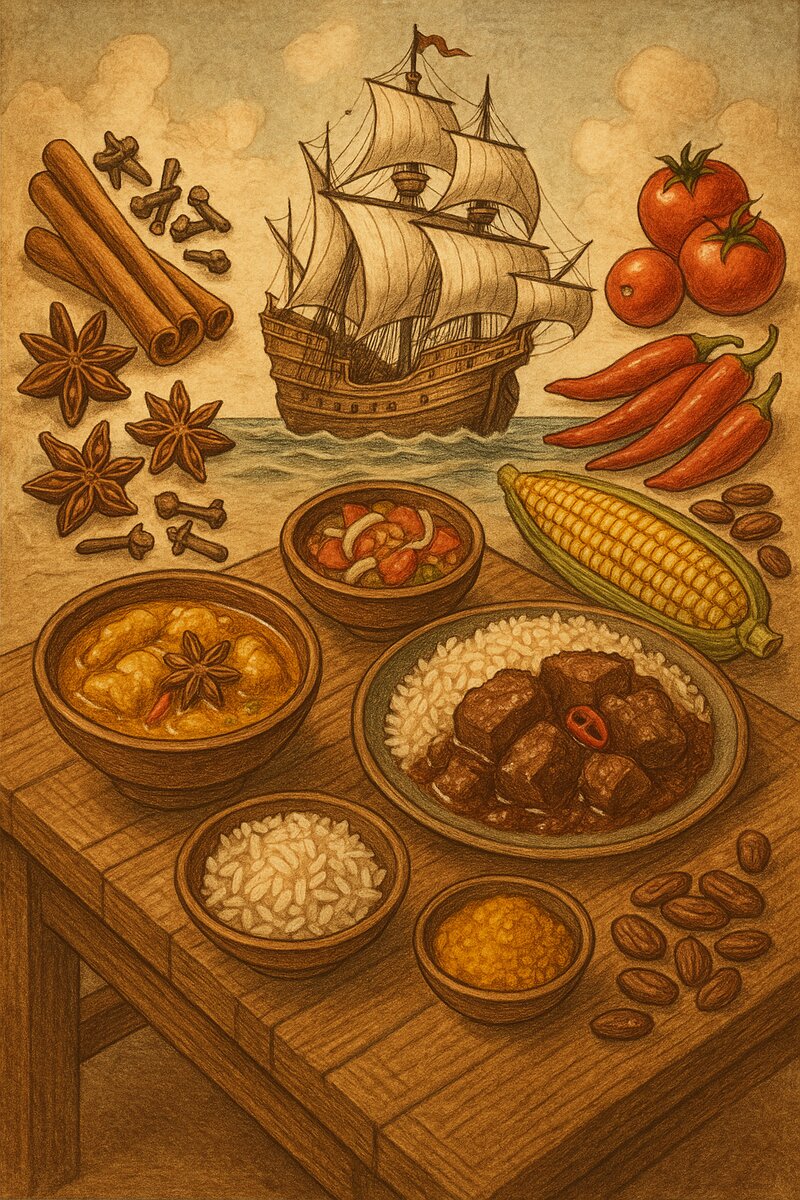 Historical illustration of Manila galleons loaded with spices, silks, and goods from the Orient