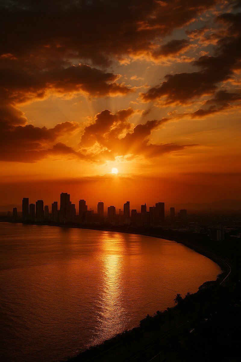 Golden hour light filtering through clouds over Manila