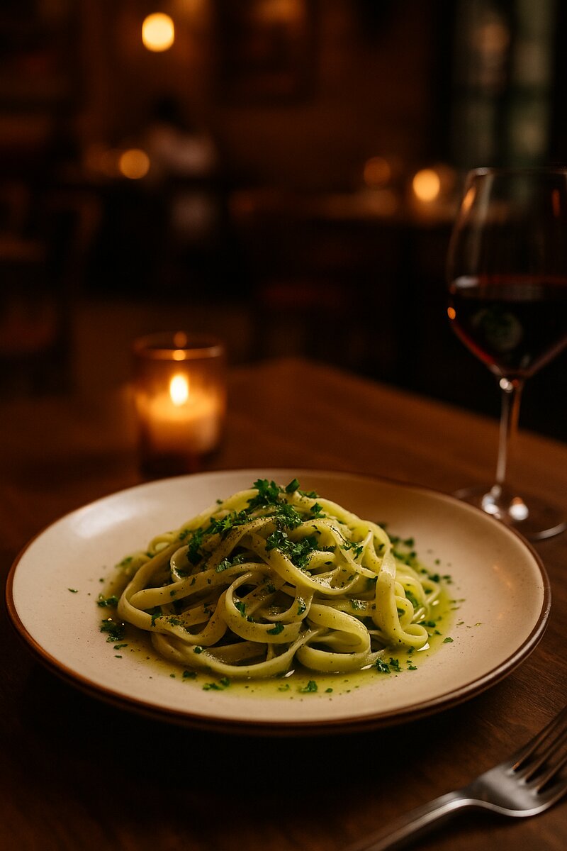 Fresh handmade pasta with seasonal vegetables and aromatic herbs