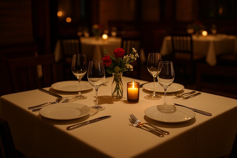 Intimate restaurant table setting with candlelight and fine dining presentation
