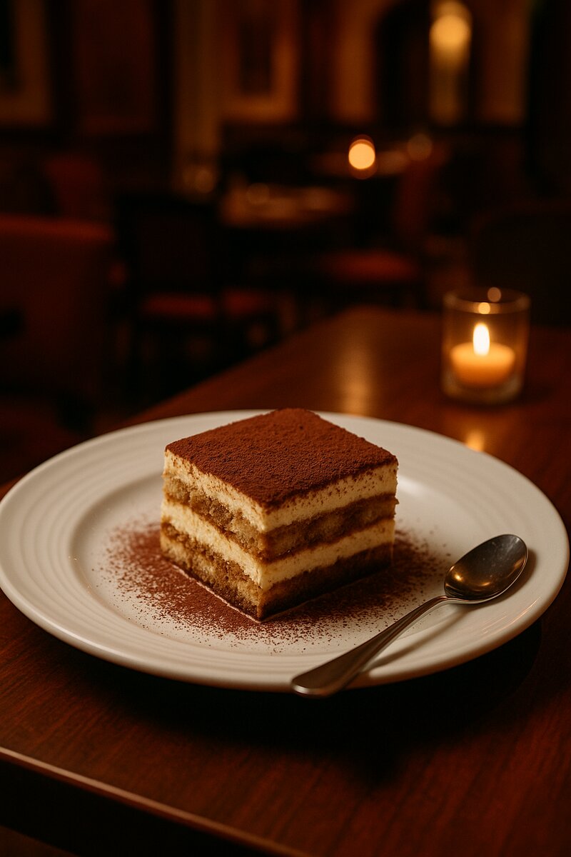 Classic tiramisu dessert with cocoa powder and mascarpone layers