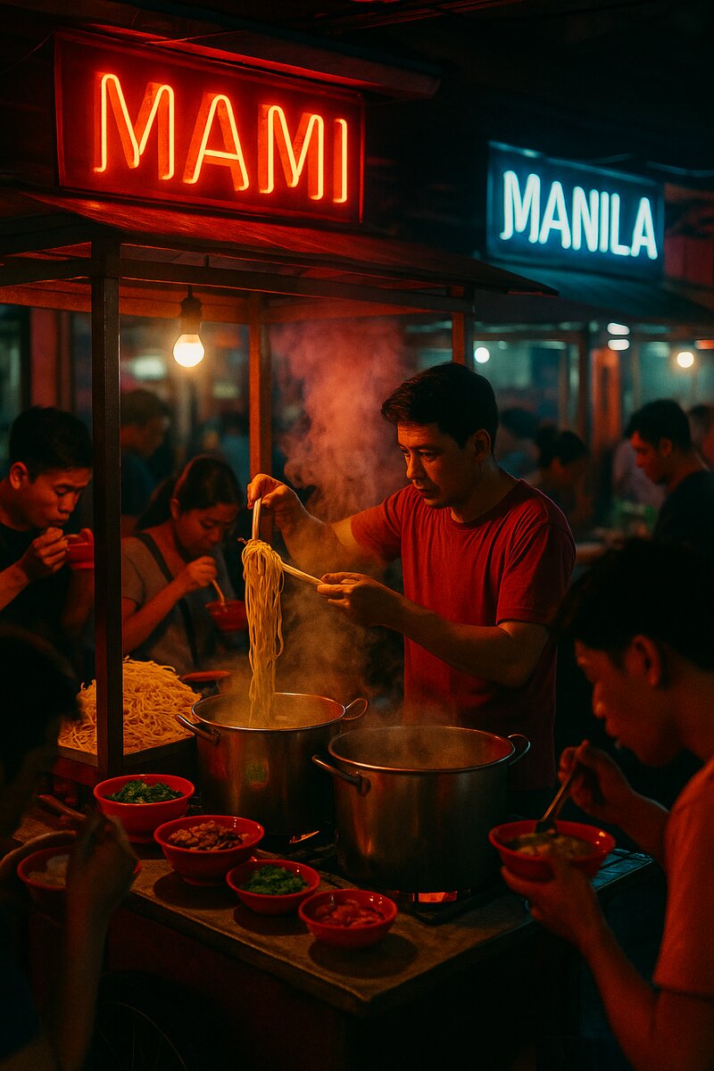 Late-night food cart serving freshly cooked noodle dish