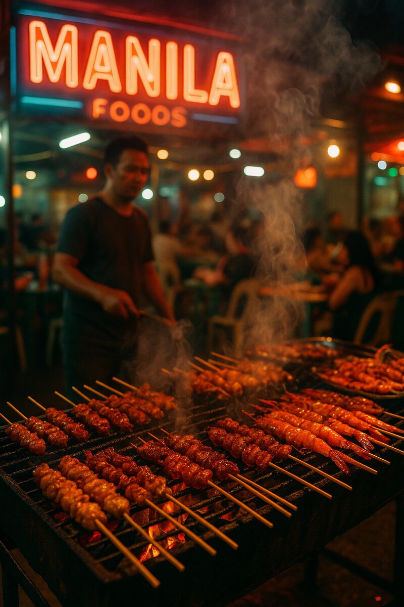 Grilled meat and seafood skewers from street food vendor