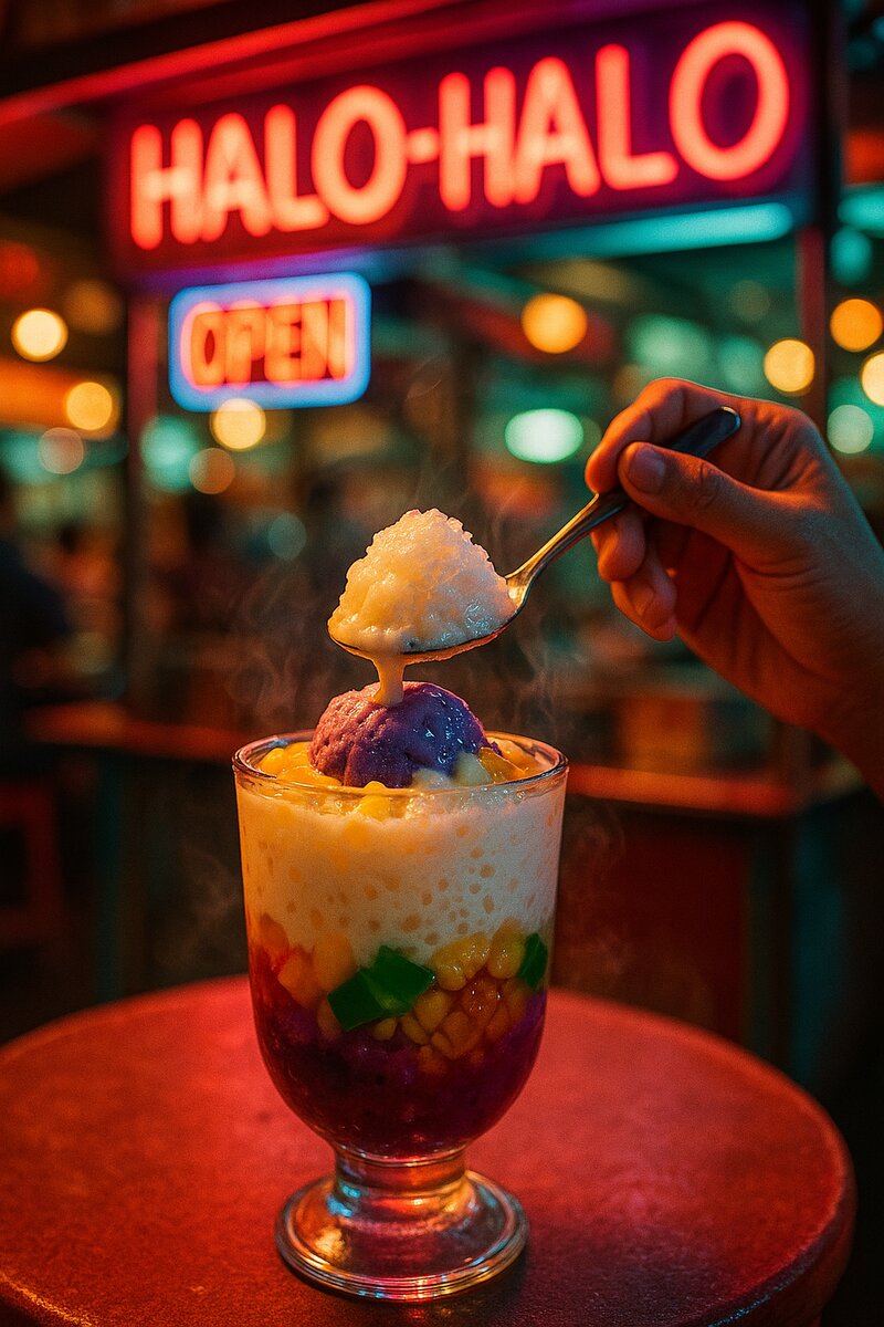 Refreshing halo-halo dessert with shaved ice, fruits, and milk