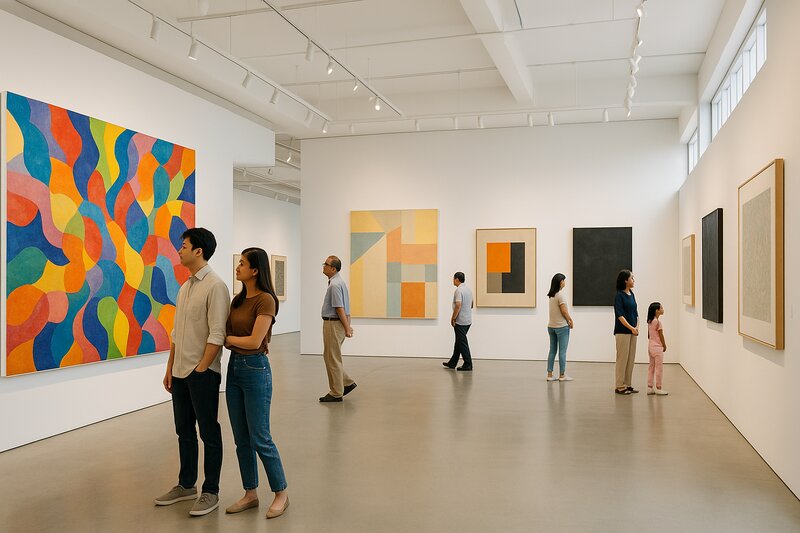 Modern museum interior with visitors viewing art exhibits in Manila