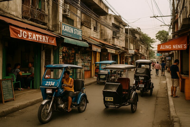 Typical Manila neighborhood street scene during day with local storefronts