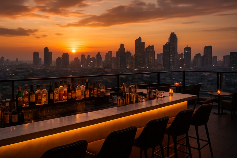 Elegant rooftop bar counter with Manila skyline views and professional ambiance