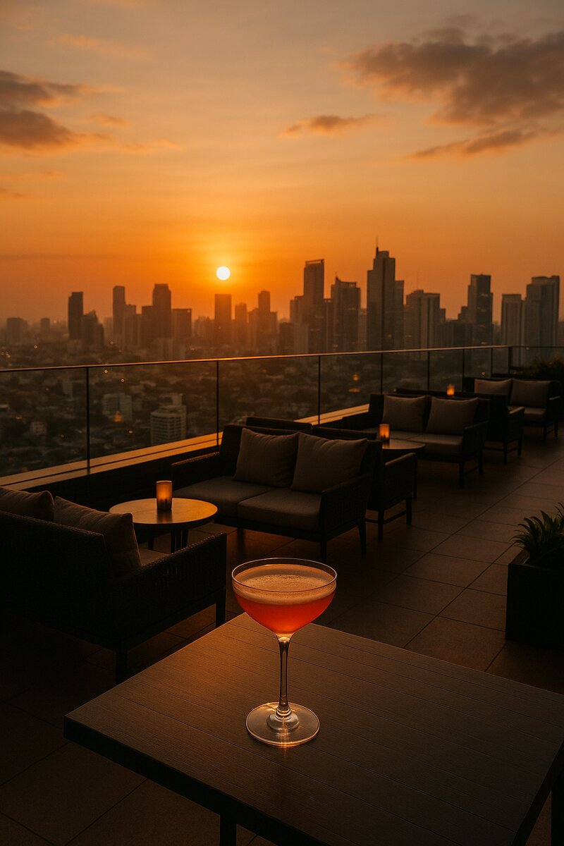 Manila rooftop bar at sunset with panoramic city skyline view