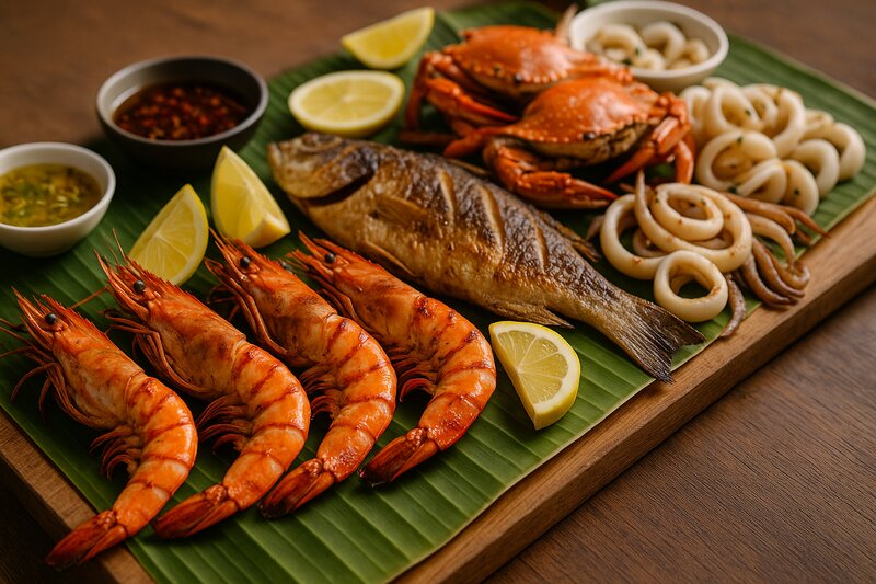 Fresh grilled seafood including prawns, crabs, and fish with Filipino coastal flavors