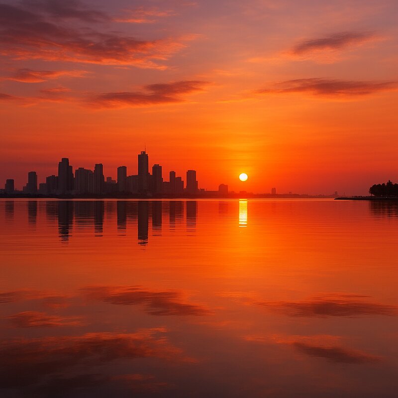 Sunset reflected in Manila Bay water with mirror effect