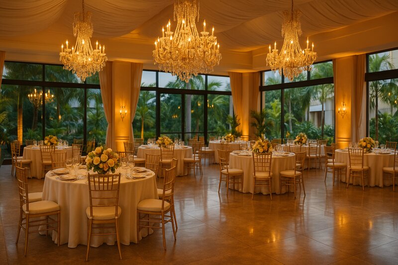 Elegant wedding ballroom setup with chandelier and floral arrangements in Manila