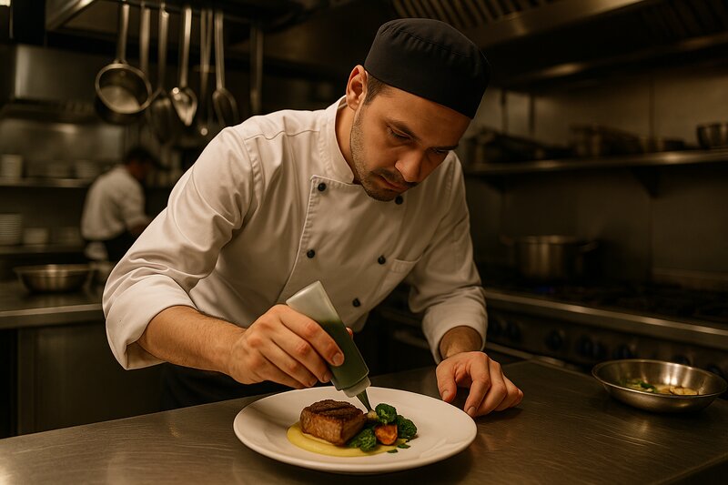 Professional fine dining kitchen with chef in action and precision equipment