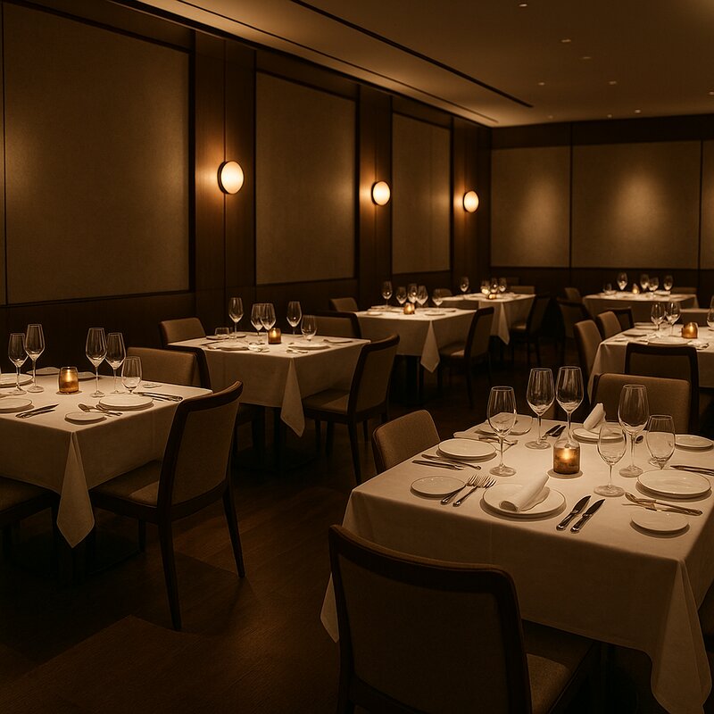 Upscale fine dining restaurant interior with modern minimalist design and mood lighting