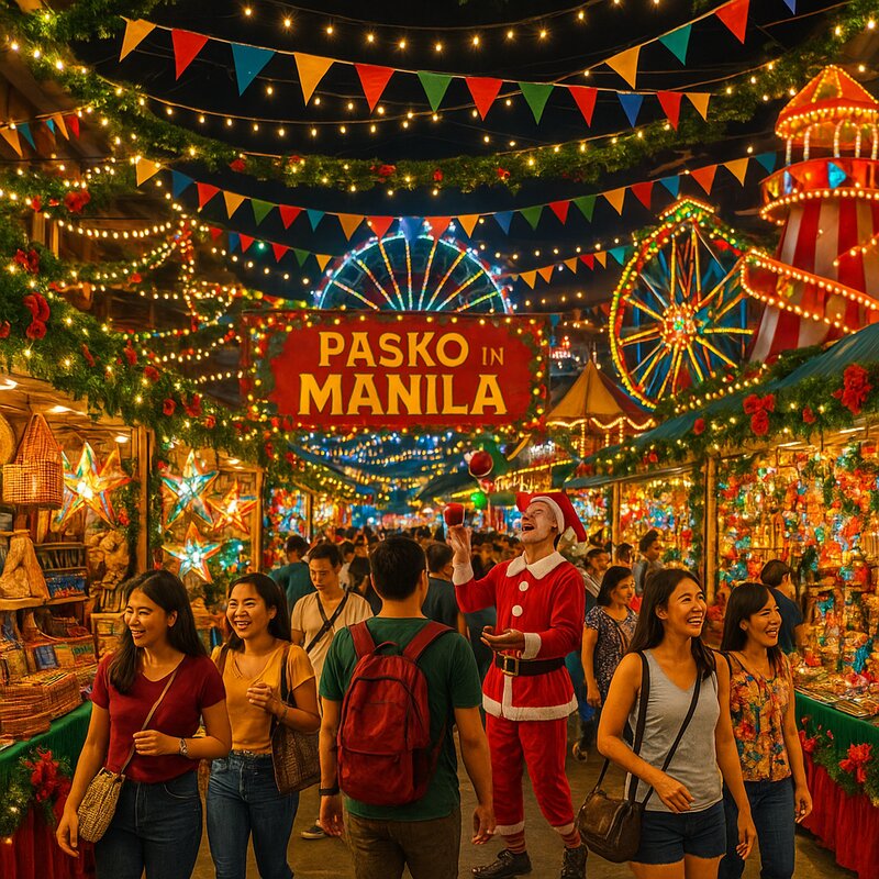 Vibrant holiday bazaar venue with festive lights and Christmas decorations