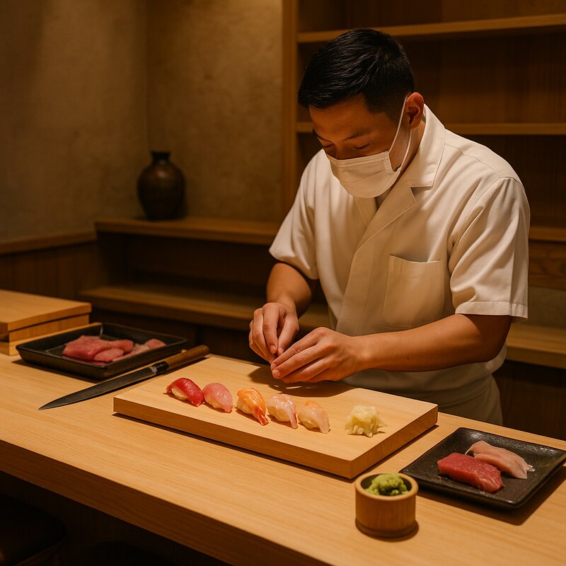 Authentic Japanese omakase counter with chef preparing fresh sushi pieces