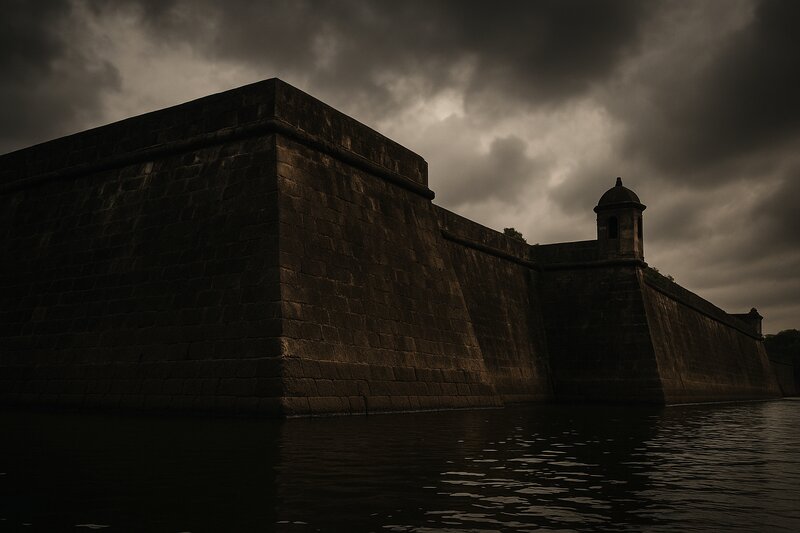 View of Intramuros fortification walls from Pasig River perspective, massive stone bastions rising from water level
