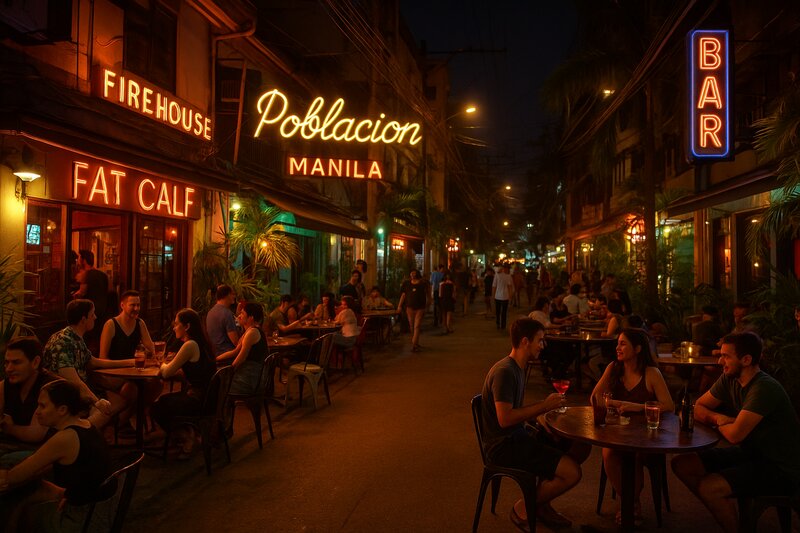 Vibrant Poblacion street at night with neon bar signs and outdoor seating