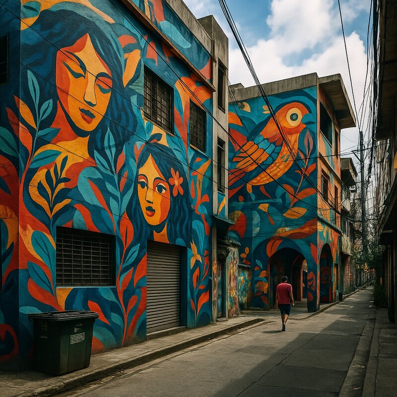 Vibrant street art murals on building facades