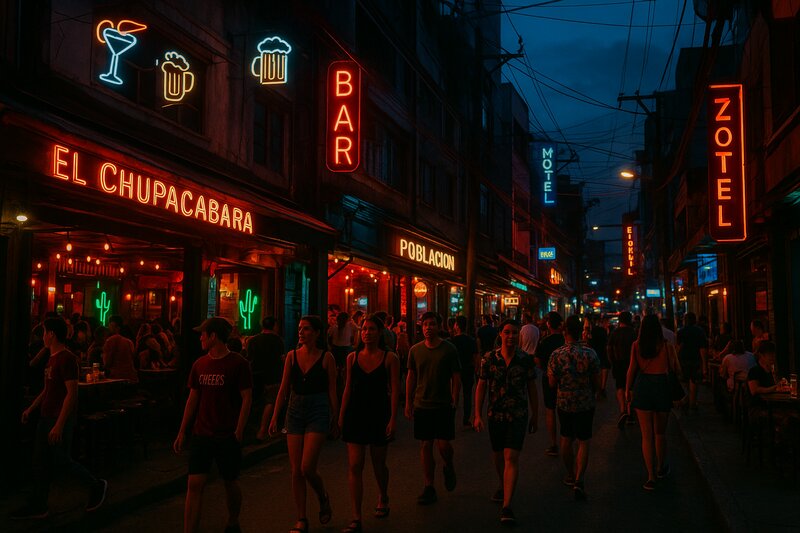 Street view of Poblacion neighborhood at dusk with bar storefronts