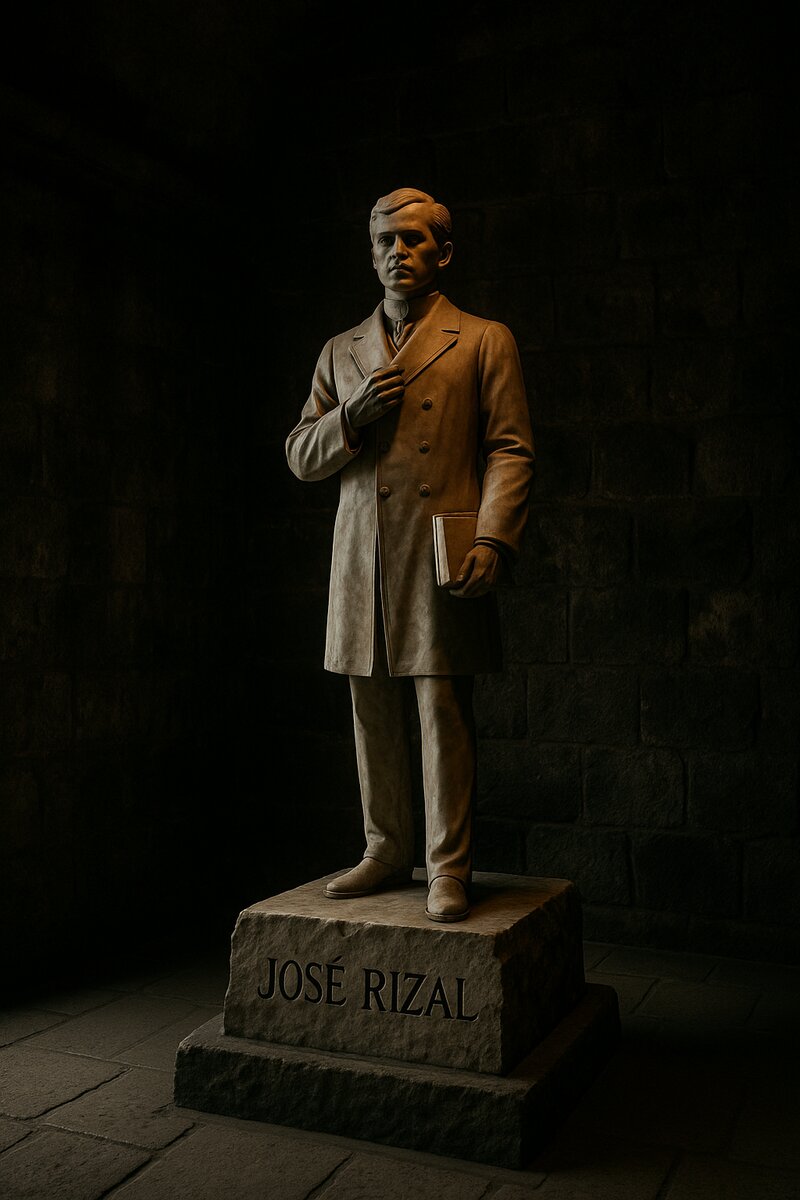 José Rizal monument inside Fort Santiago, marble sculpture illuminated by dramatic lighting