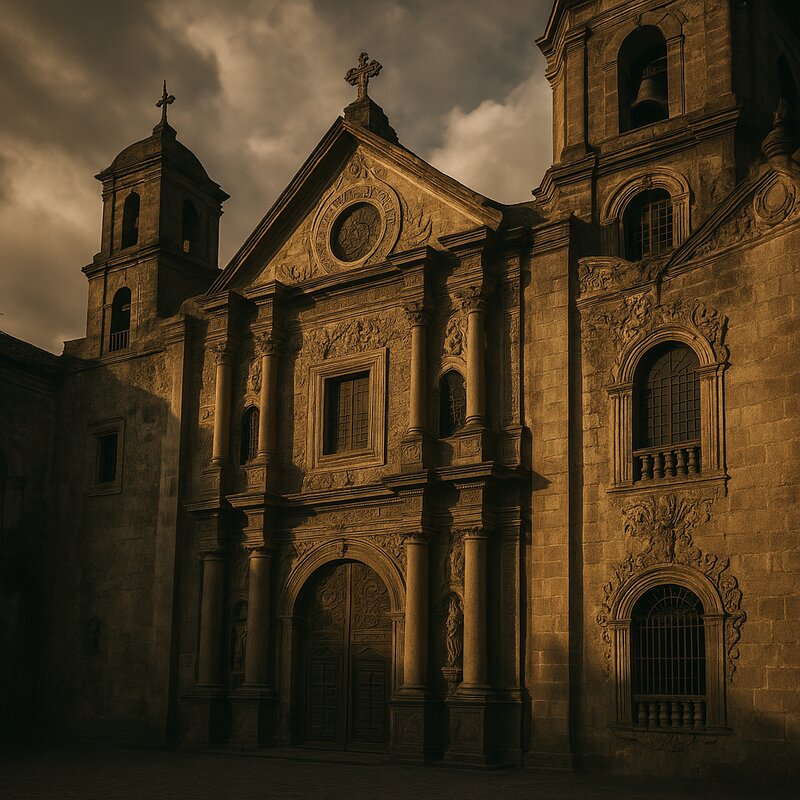 San Agustín Church baroque facade with ornate stone carvings and dramatic architectural details