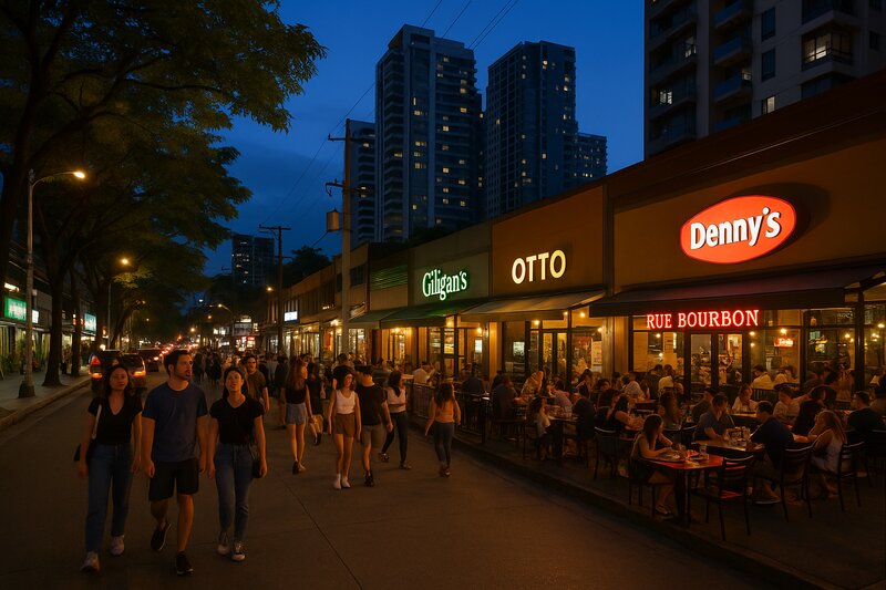 Commercial strip with restaurants