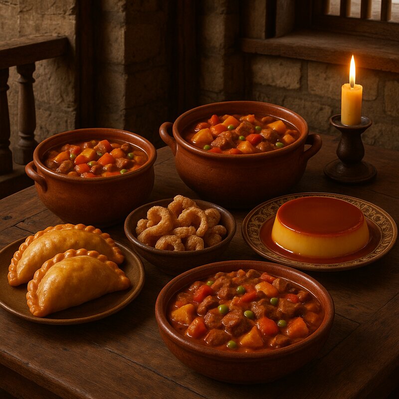 Spanish colonial-era Filipino dishes including empanadas, caldereta, and leche flan