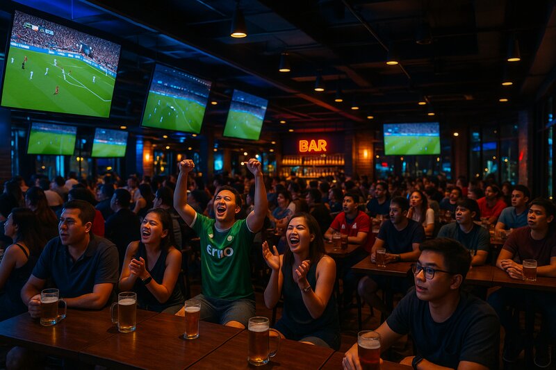 Modern sports bar in BGC showing live international matches at night