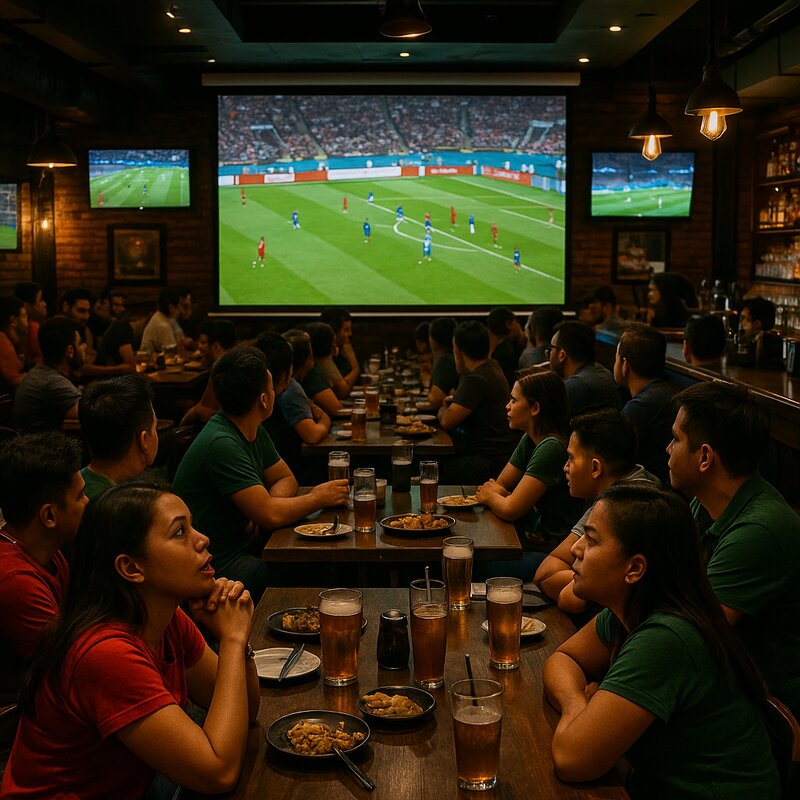 Large projection screen broadcasting live international football match in Manila sports bar