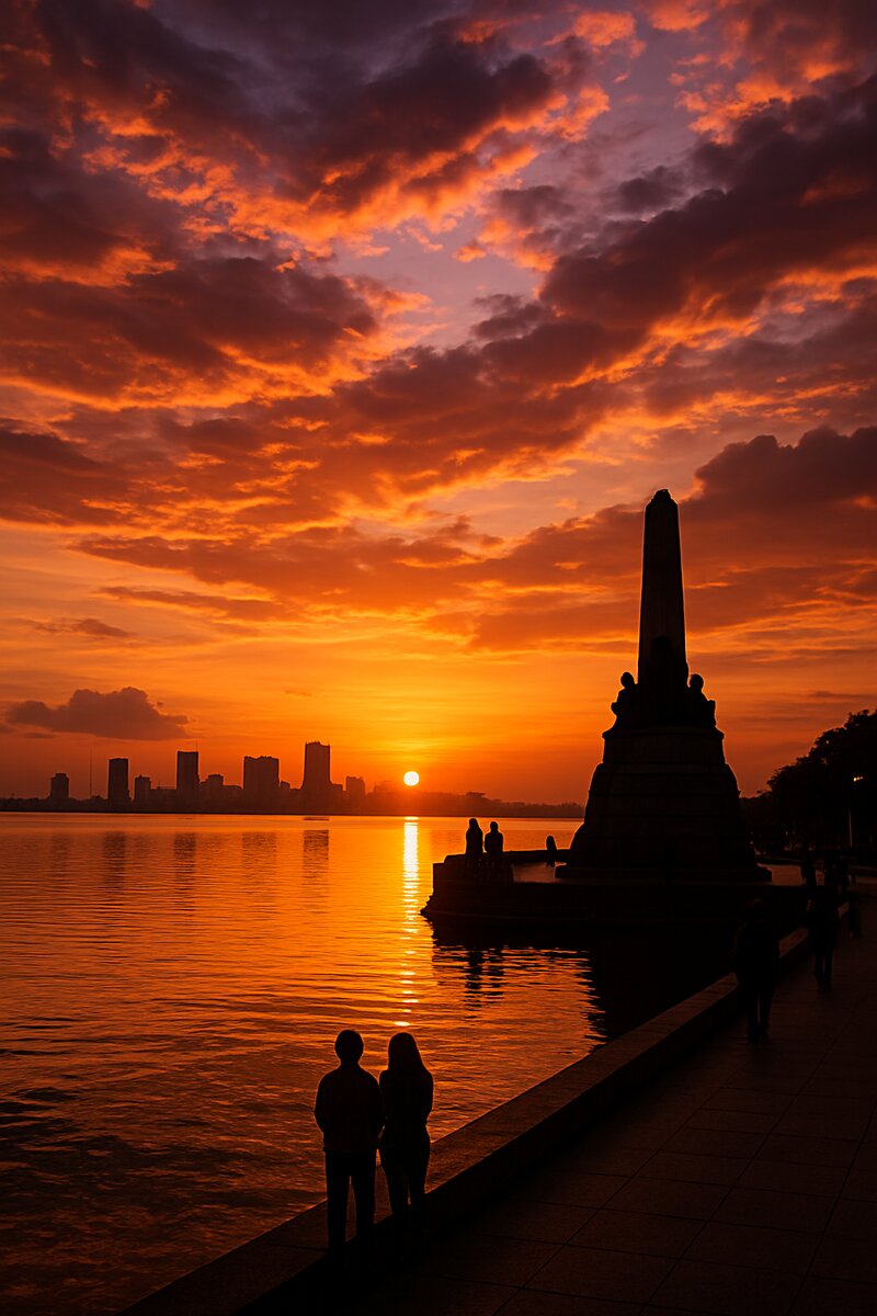 Golden hour sunset over Manila Bay with dramatic sky, silhouetted buildings, and glowing clouds