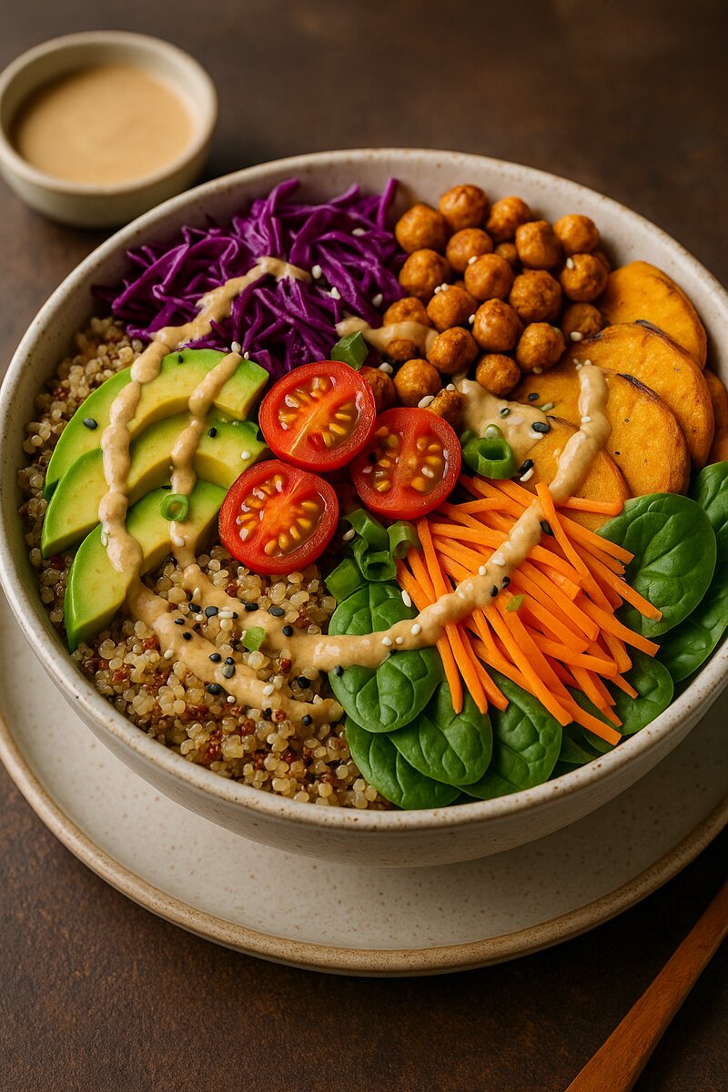 Colorful Buddha bowl with grains, vegetables, and plant-based proteins
