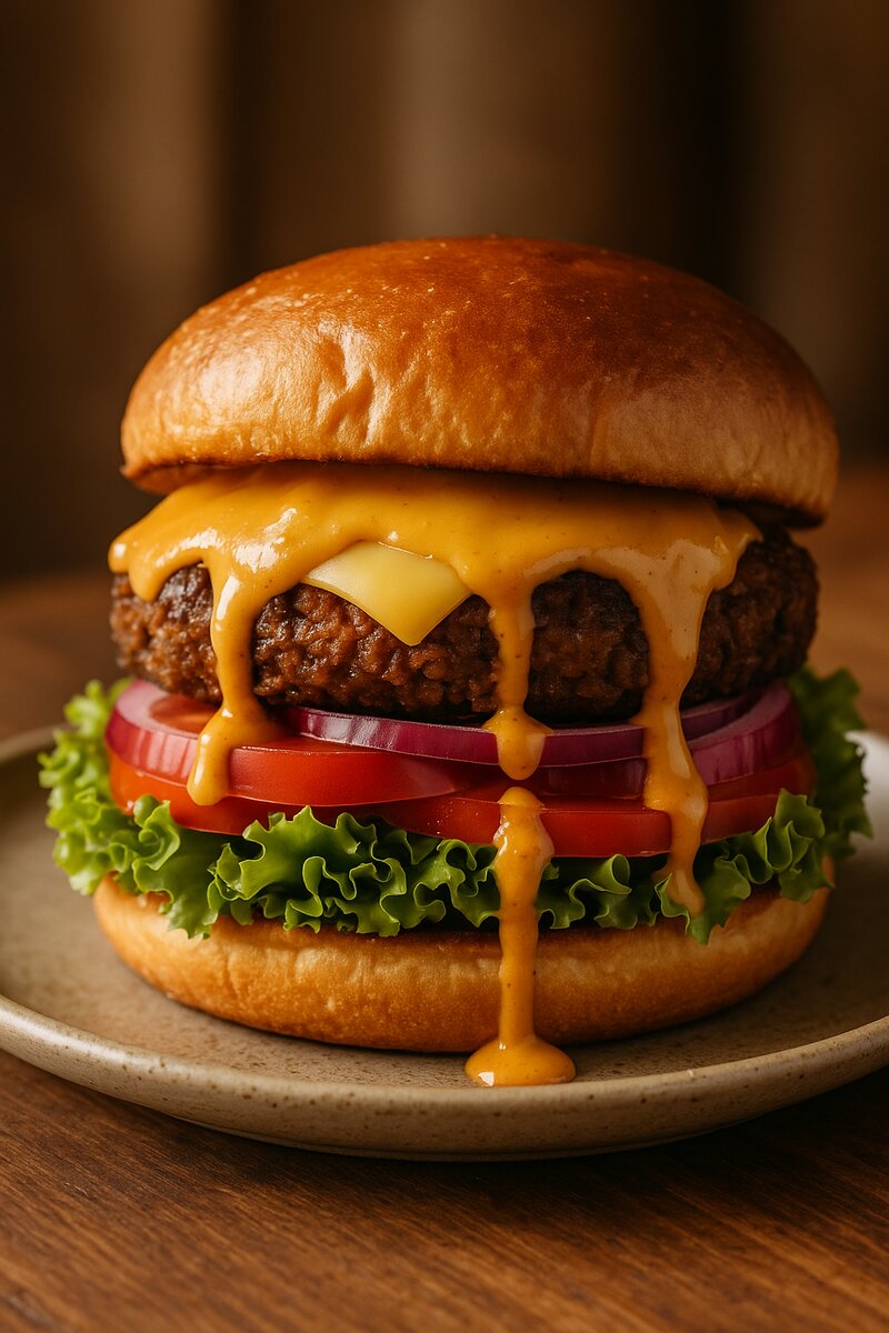 Artisanal vegan burger with plant-based patty and fresh vegetables